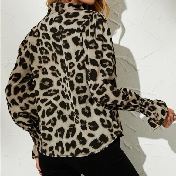 Camel black boho leopard print button up blouse - Picture 5 of 14